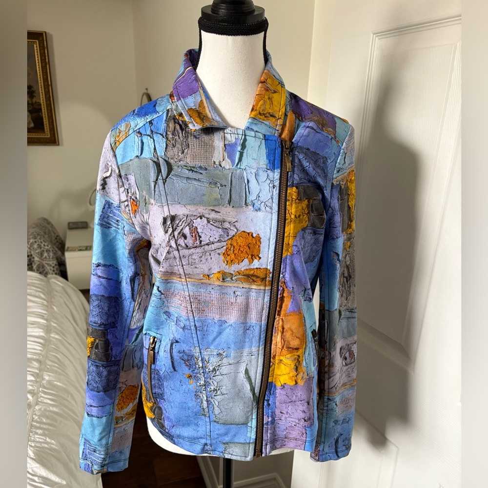 Dolcezza Art Simply Moto Jacket Blue Abstract Print Size M Lightweight Stretch